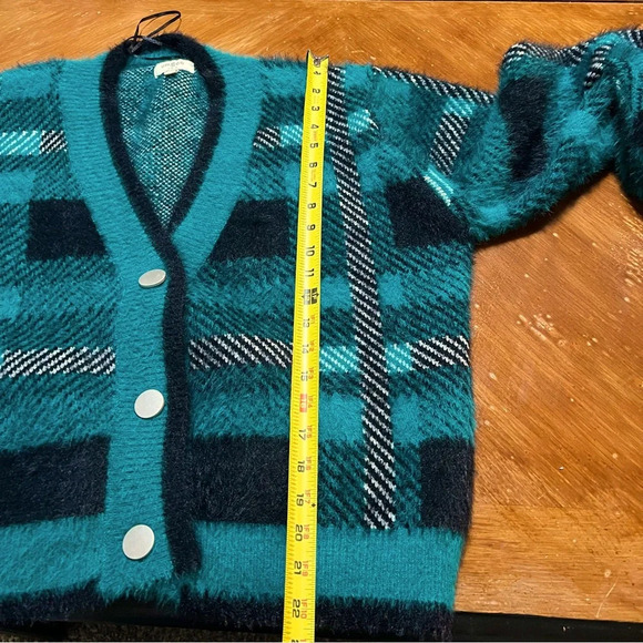 Umgee Plaid Herringbone Preppy Quirky Fuzzy Y2K Snap Button Cardigan Sweater Lg - Picture 12 of 12